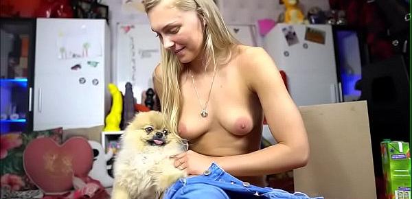  Teen Plays On Cam her Dog joins *** Girls4Cock.Com